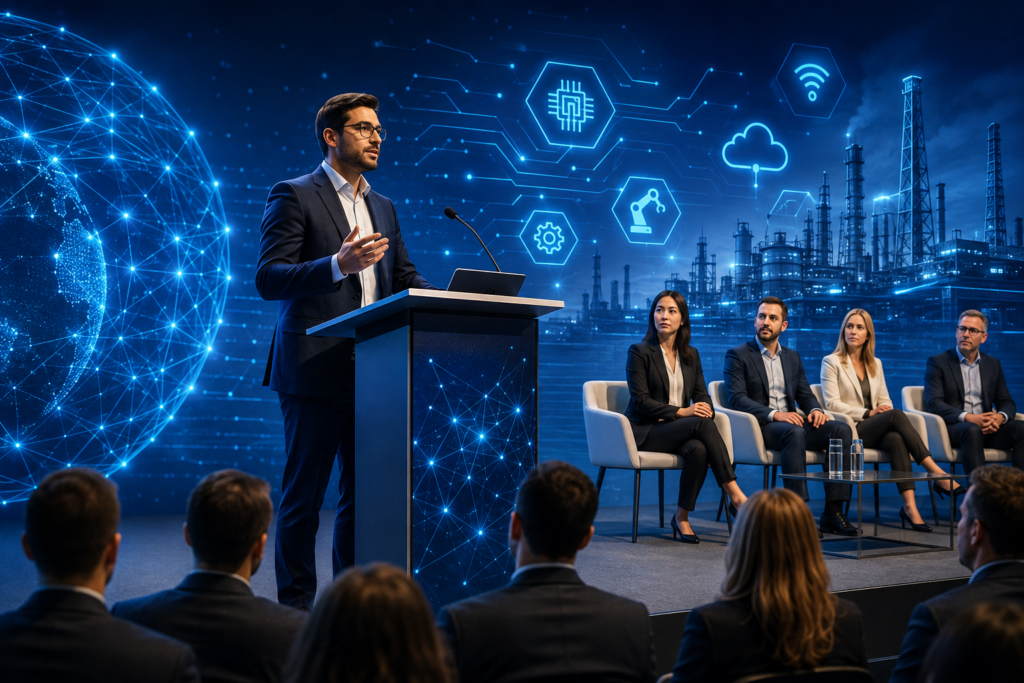 AIoT conference speaker presenting to an audience alongside a panel of technology and industry experts